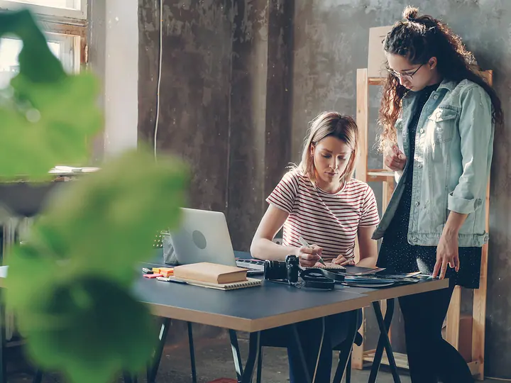Two colleagues talking at a desk in an office with plants.